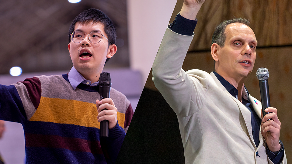 Two men, Dr. Jimmy Lin and Jason McKenna, holding microphones giving speeches