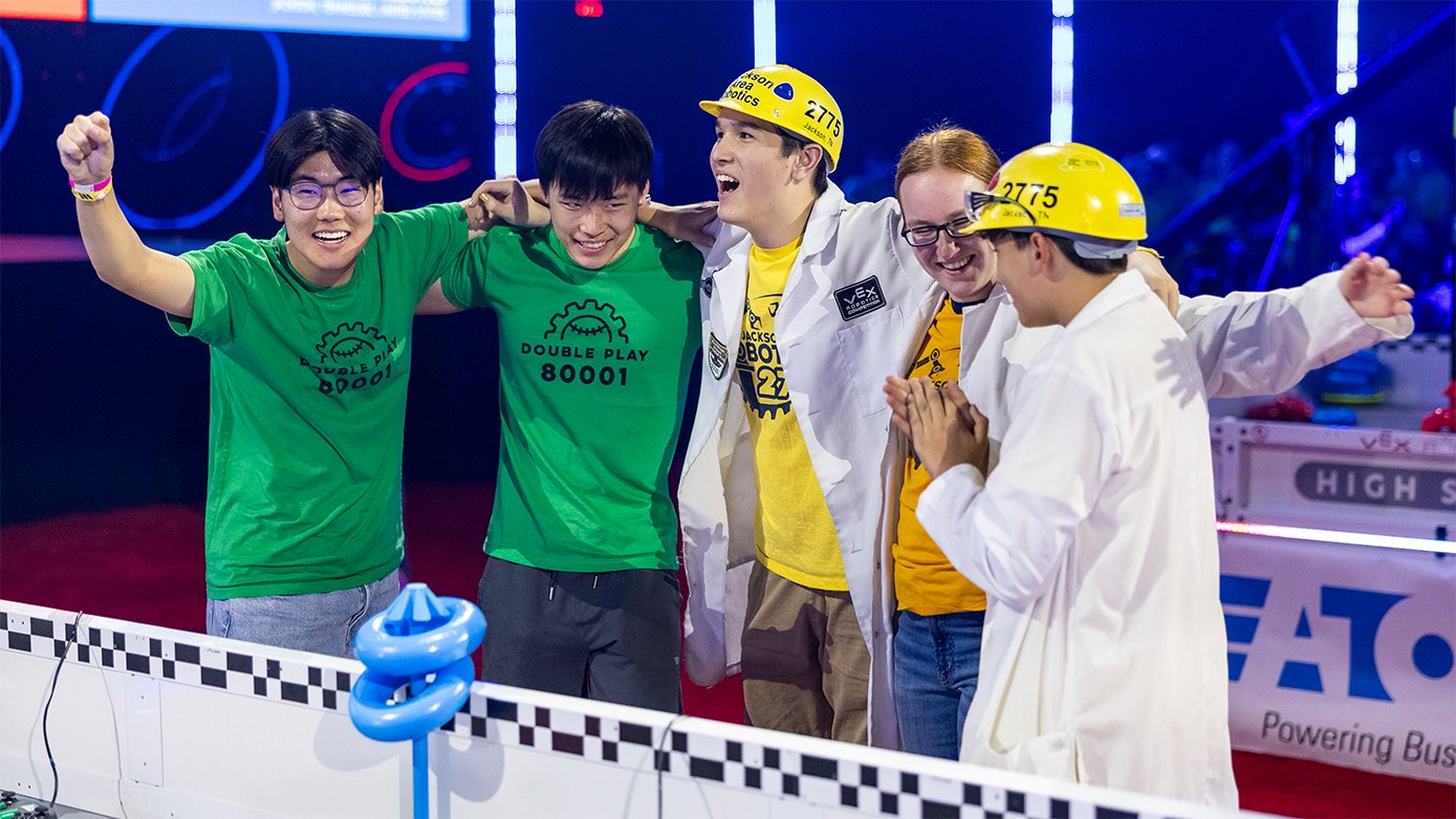 An alliance celebrates at the VEX Robotics World Championship.