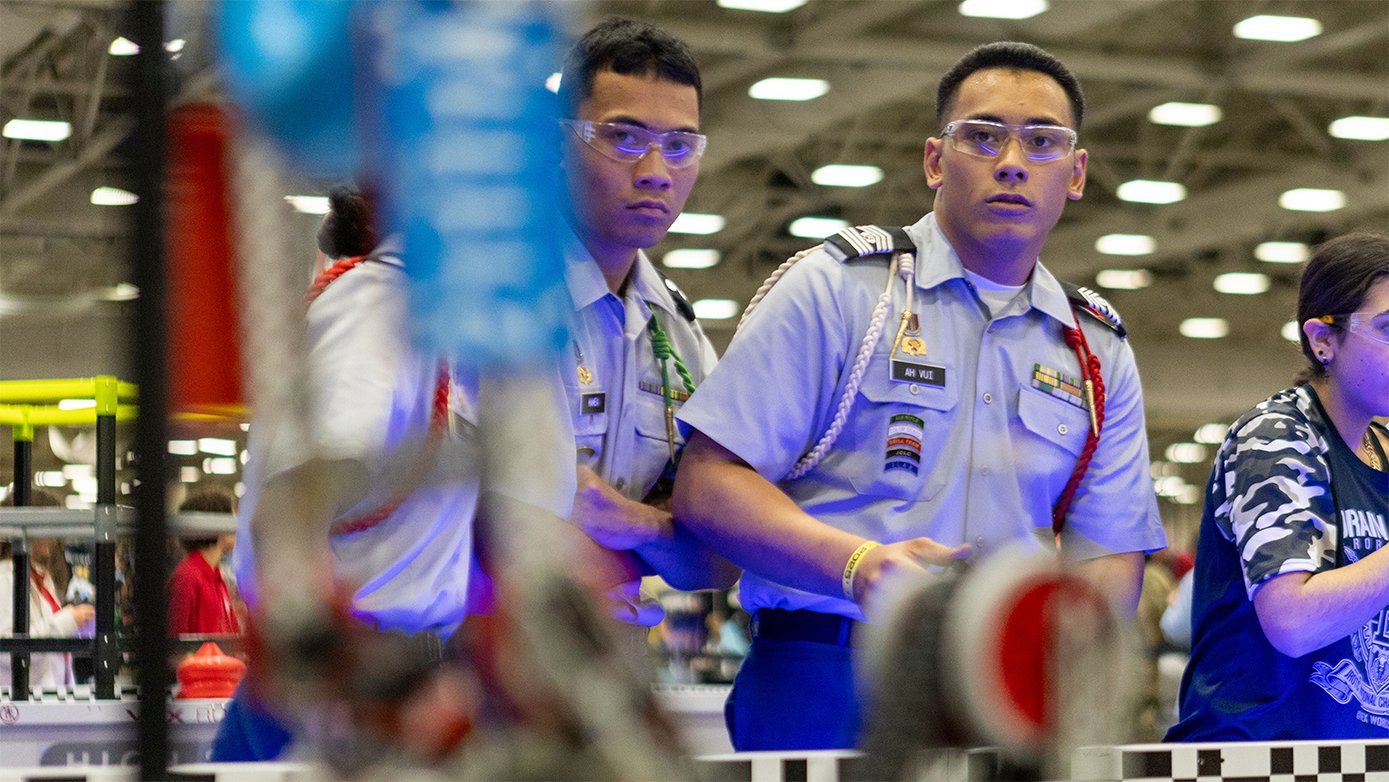 A JROTC robotics team competes in High Stakes.