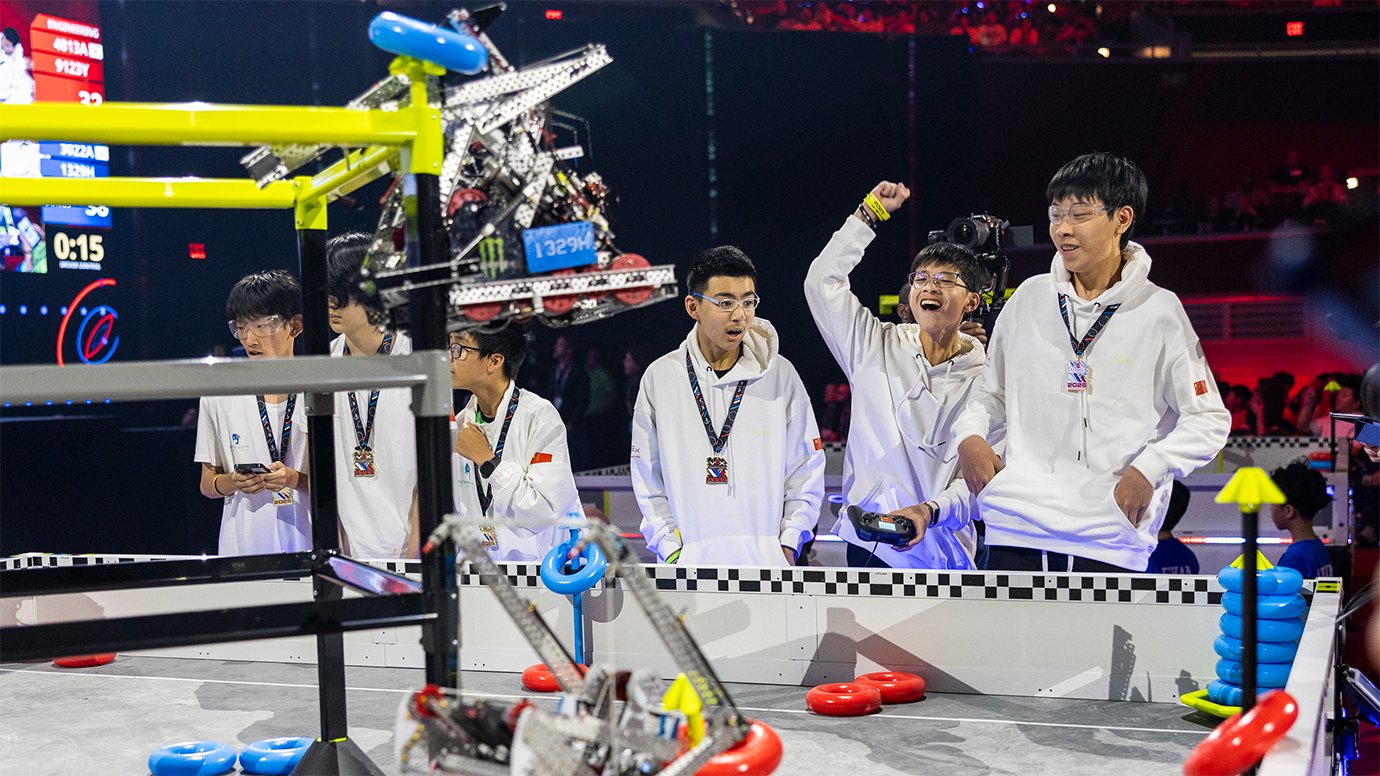 An alliance celebrates at the VEX Robotics World Championship.