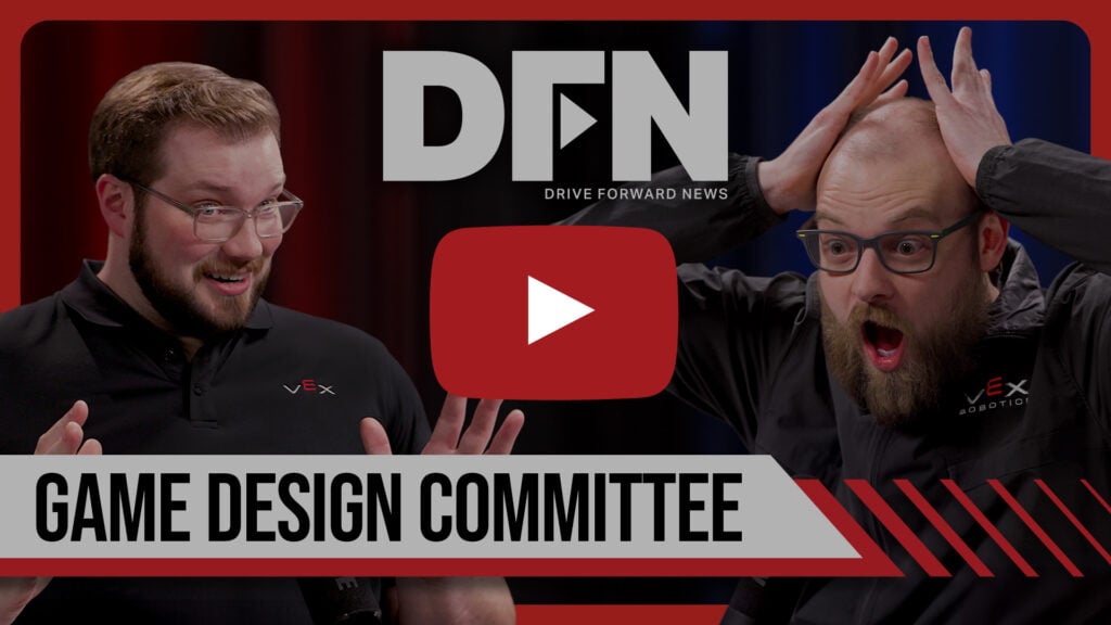 Tyler McCrary and Bailey Kahl make surprised expressions. Text reads, "DFN Drive Forward News. Game Design Committee." 