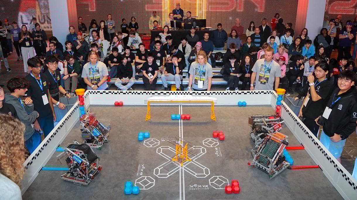 The Push Back field is pictured from above as two alliances prepare to play.