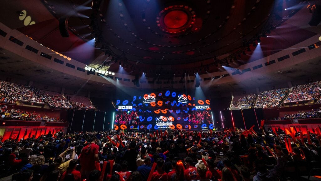 An image from the VEX Dome of the crowd cheering during finals.