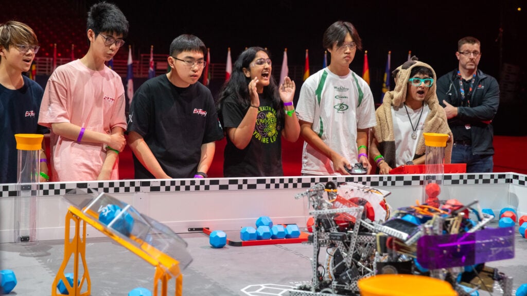 An alliance competes in the VEX Dome at the 2026 VEX Robotics World Championship.