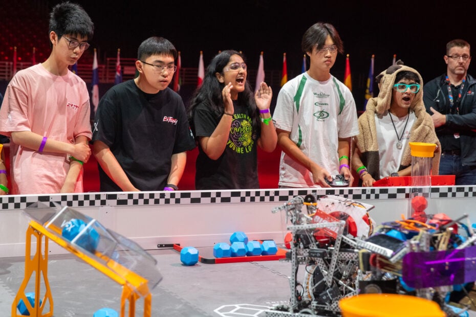 An alliance competes in the VEX Dome at the 2026 VEX Robotics World Championship.